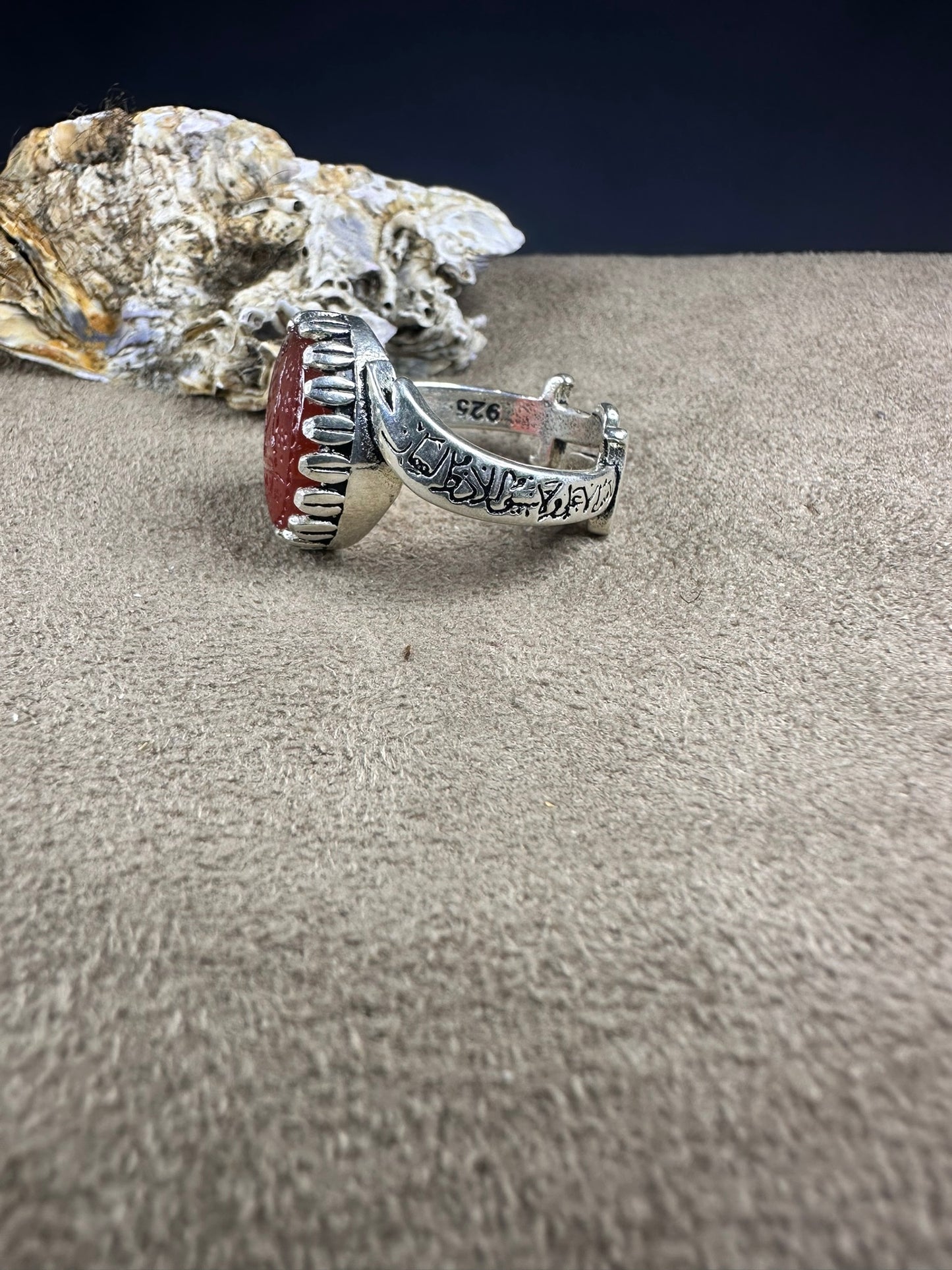 YEMENI ORANGE AQEEQ STERLING SILVER RING FOR MEN FREE SIZE يا علي