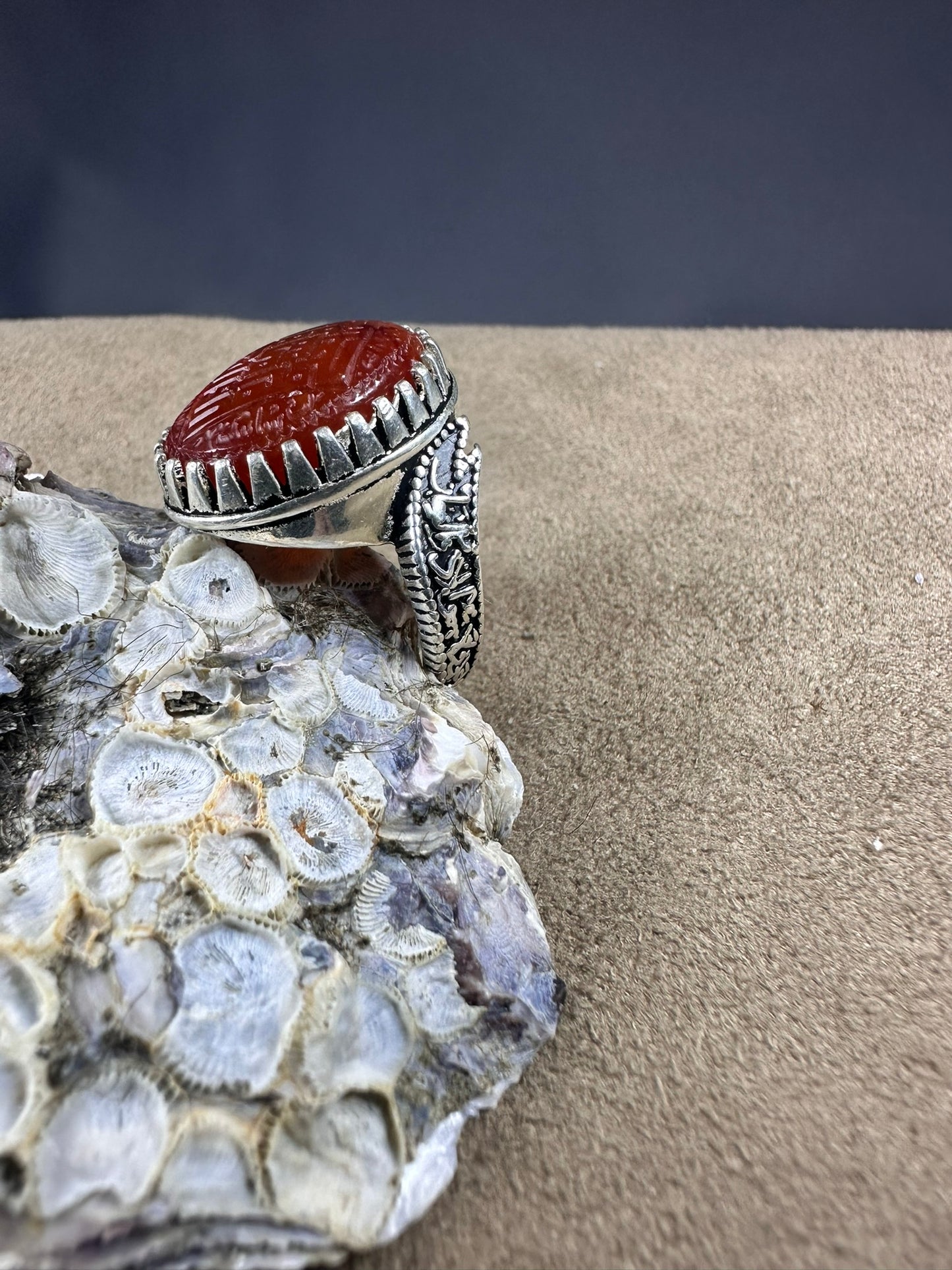 YEMENI ORANGE AQEEQ STERLING SILVER RING FOR MEN علي مع الحق
