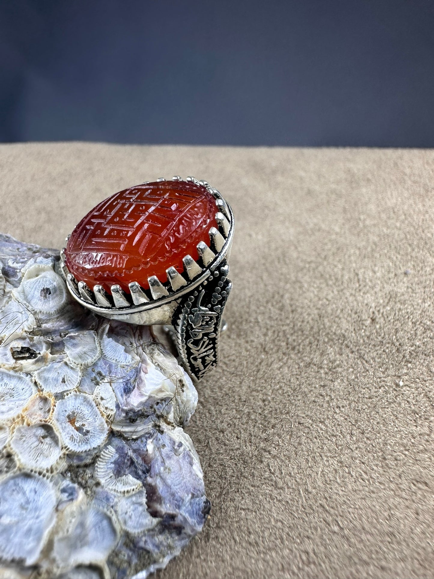 YEMENI ORANGE AQEEQ STERLING SILVER RING FOR MEN علي مع الحق