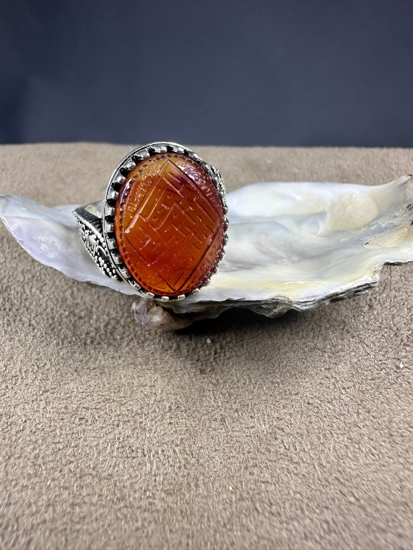 YEMENI ORANGE AQEEQ STERLING SILVER RING FOR MEN علي مع الحق