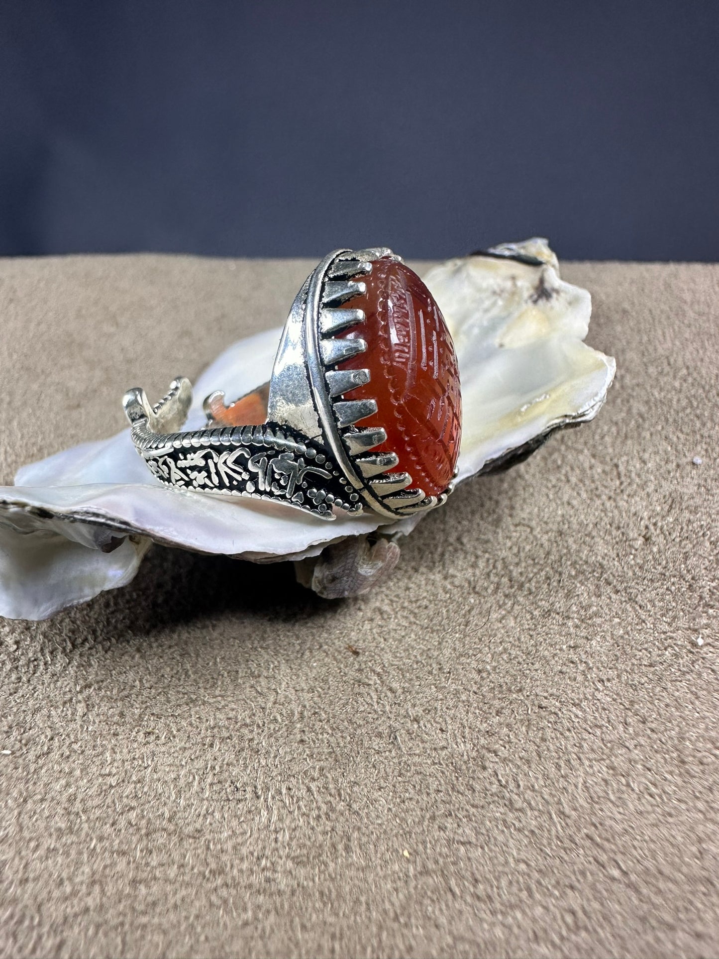 YEMENI ORANGE AQEEQ STERLING SILVER RING FOR MEN علي مع الحق