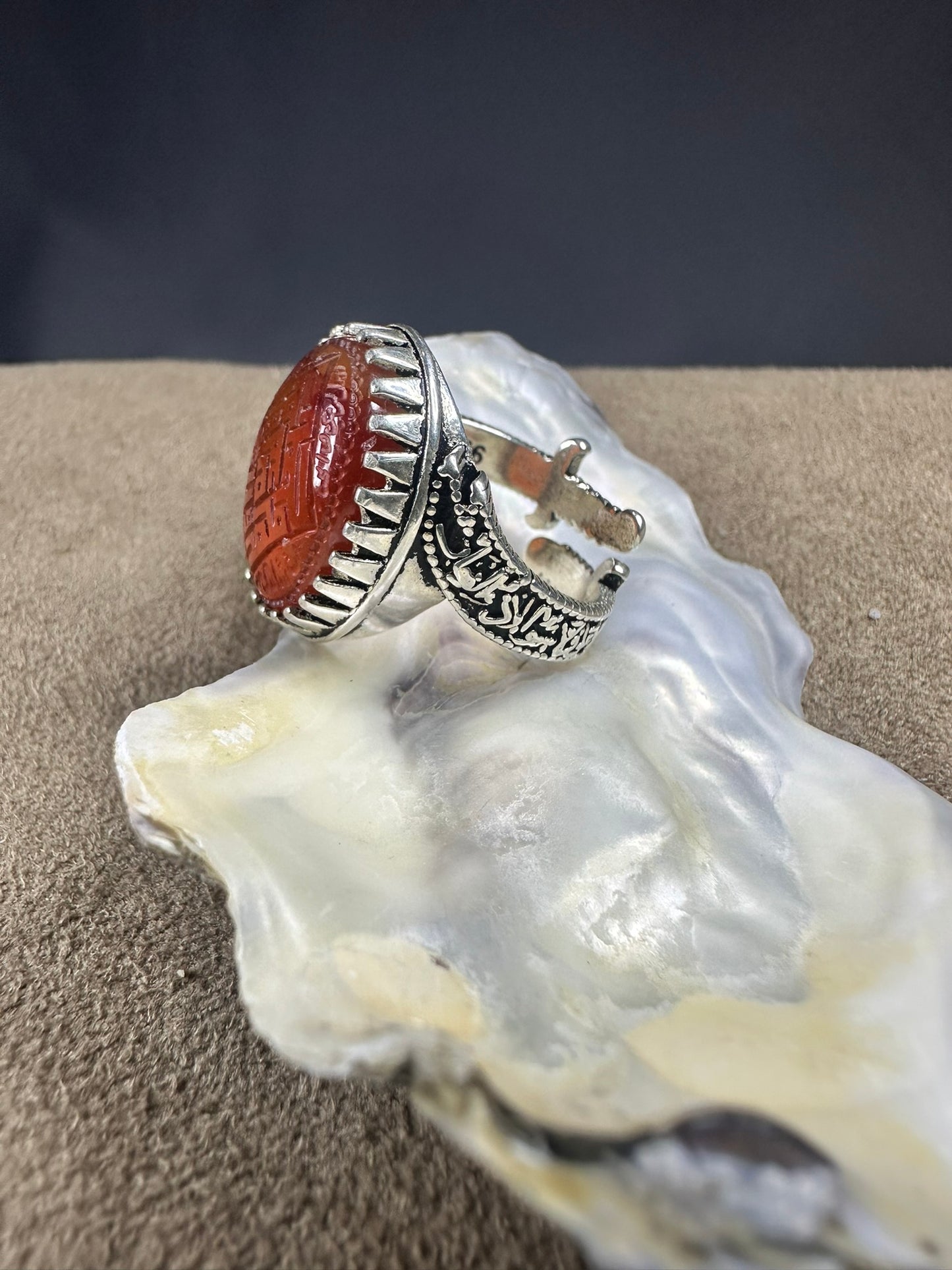 YEMENI ORANGE AQEEQ STERLING SILVER RING FOR MEN علي مع الحق