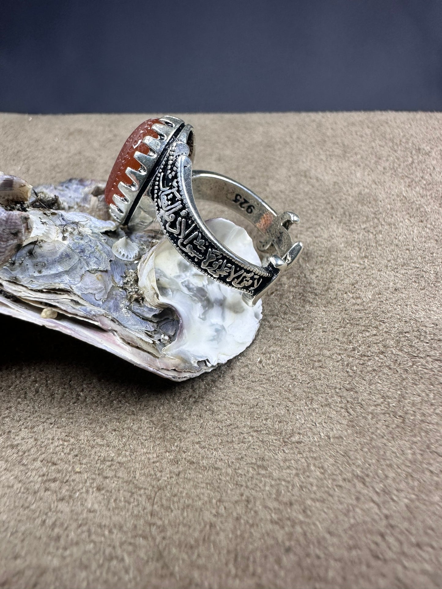 YEMENI ORANGE AQEEQ STERLING SILVER RING FOR MEN يا علي
