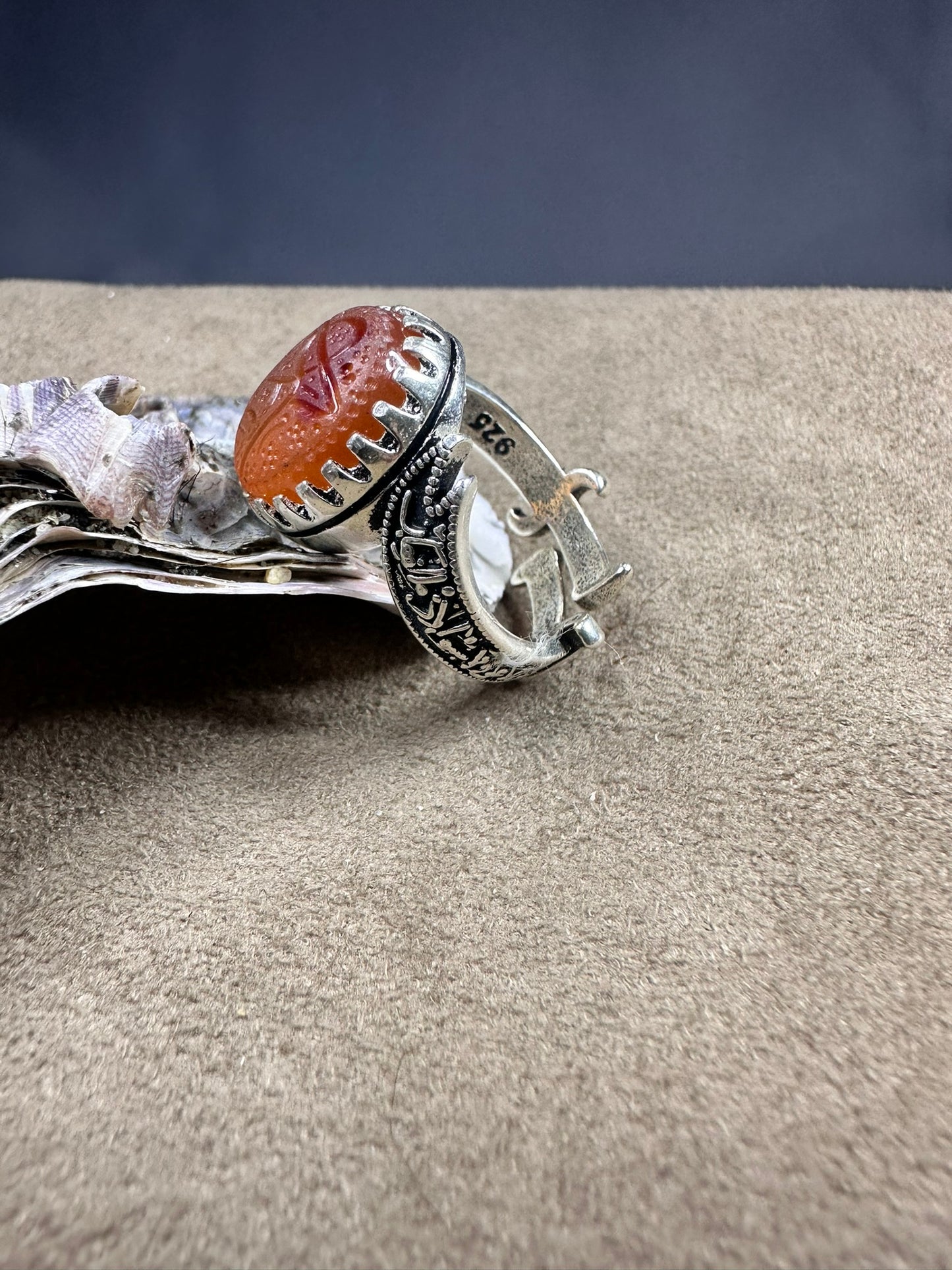 YEMENI ORANGE AQEEQ STERLING SILVER RING FOR MEN يا علي