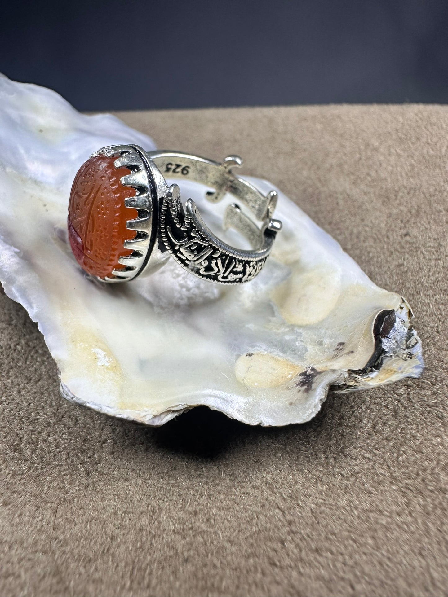 YEMENI ORANGE AQEEQ STERLING SILVER RING FOR MEN يا علي