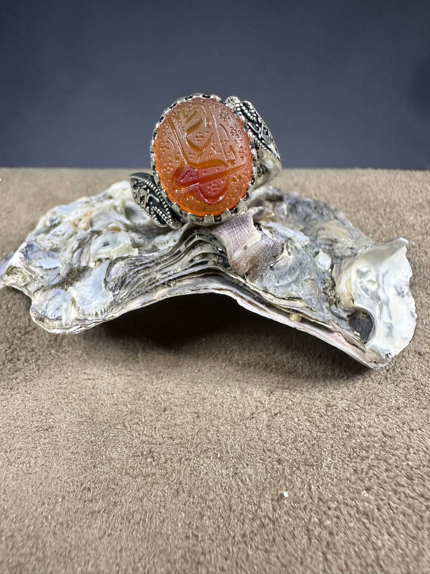 YEMENI ORANGE AQEEQ STERLING SILVER RING FOR MEN يا علي
