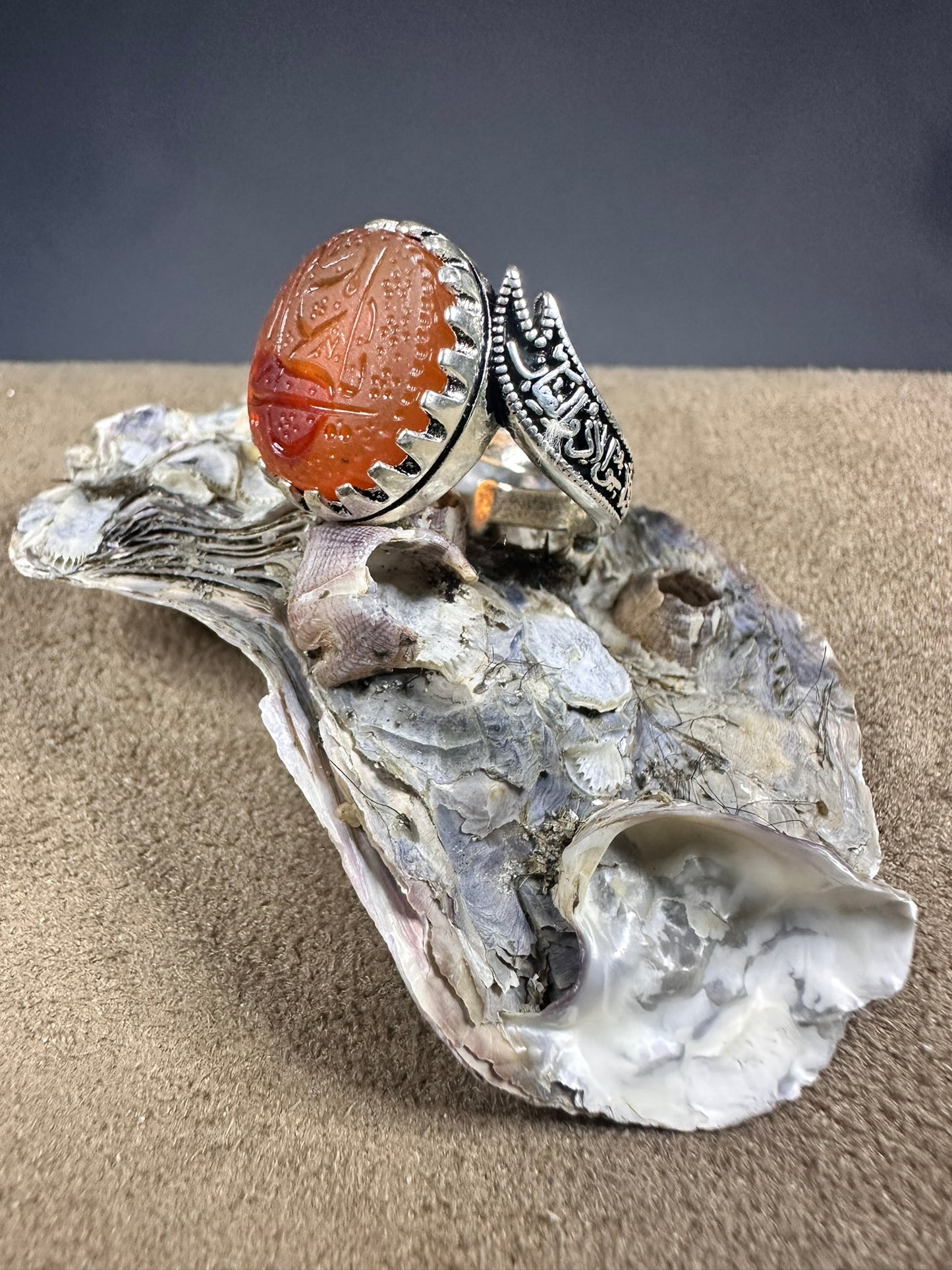 YEMENI ORANGE AQEEQ STERLING SILVER RING FOR MEN يا علي