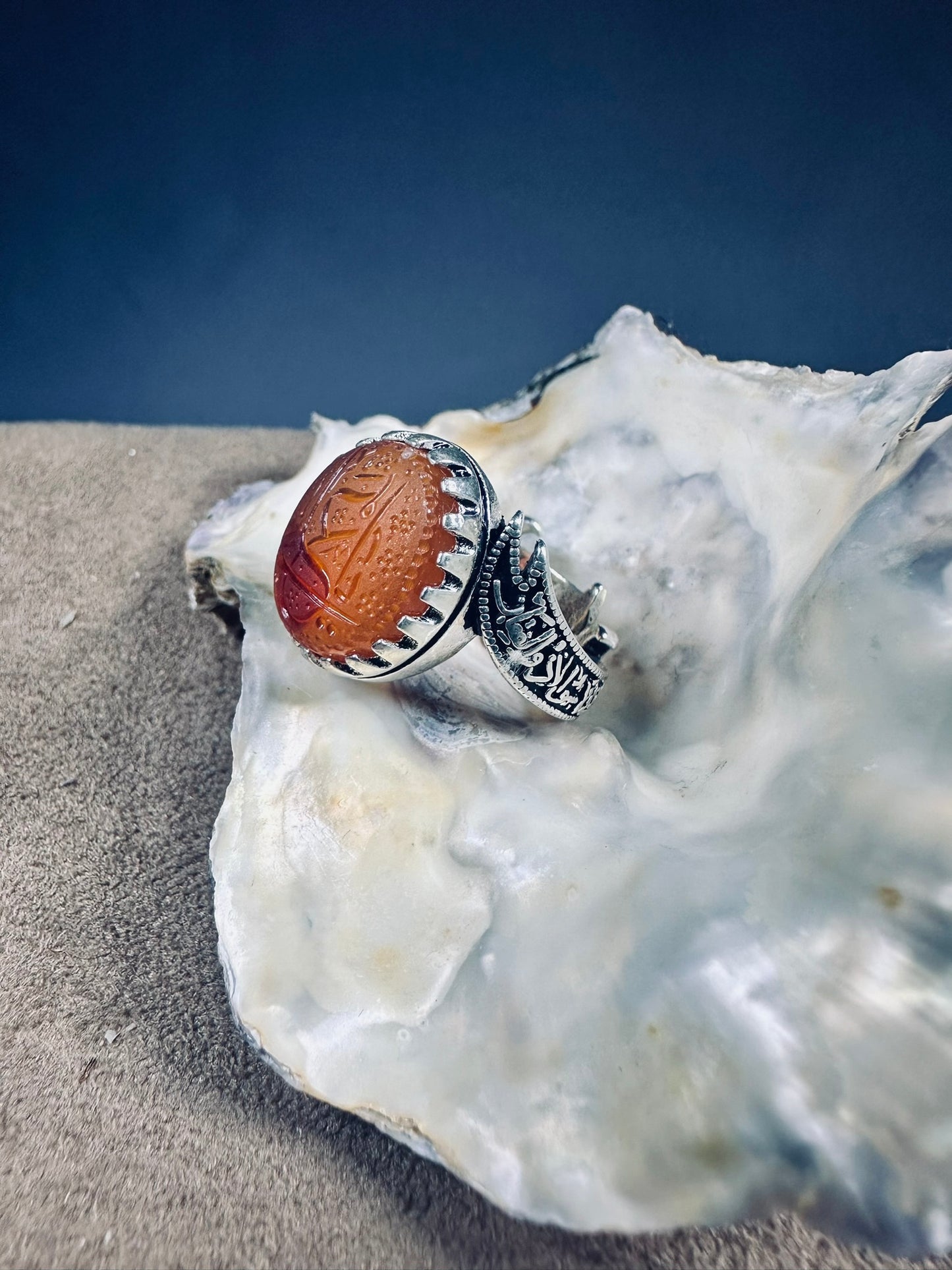 YEMENI ORANGE AQEEQ STERLING SILVER RING FOR MEN يا علي