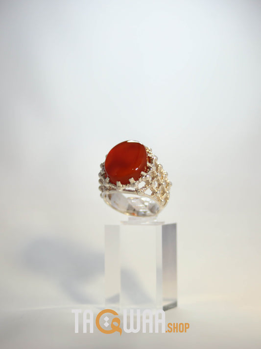 Silver Ring with Brown Yemeni Agate and Imam Hussain Shrine-Inspired Design