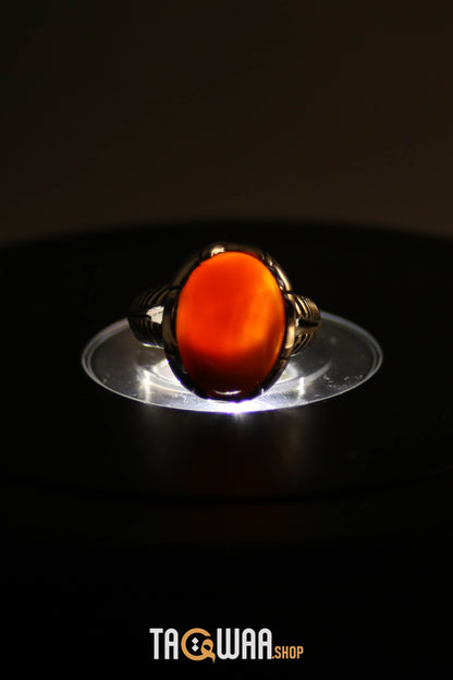 Orange Yemeni Agate Aqeeq Oval Silver Ring
