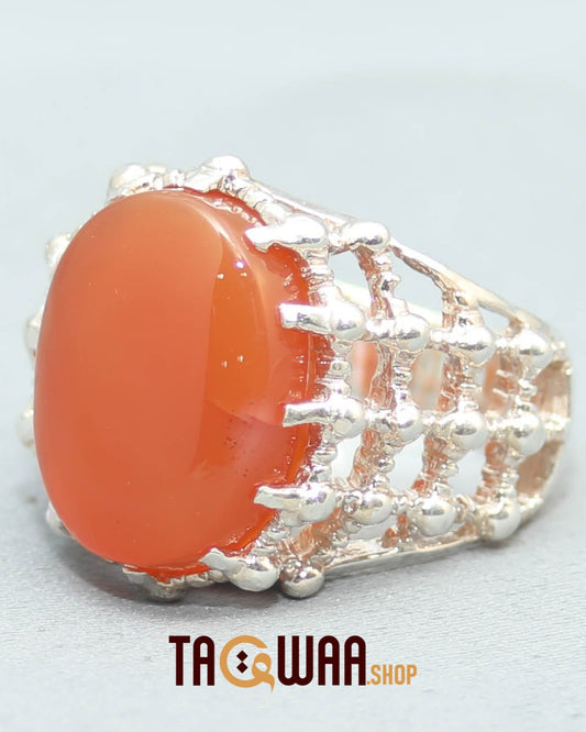 Silver Ring with Orange Yemeni Agate and Imam Hussain Shrine-Inspired Design