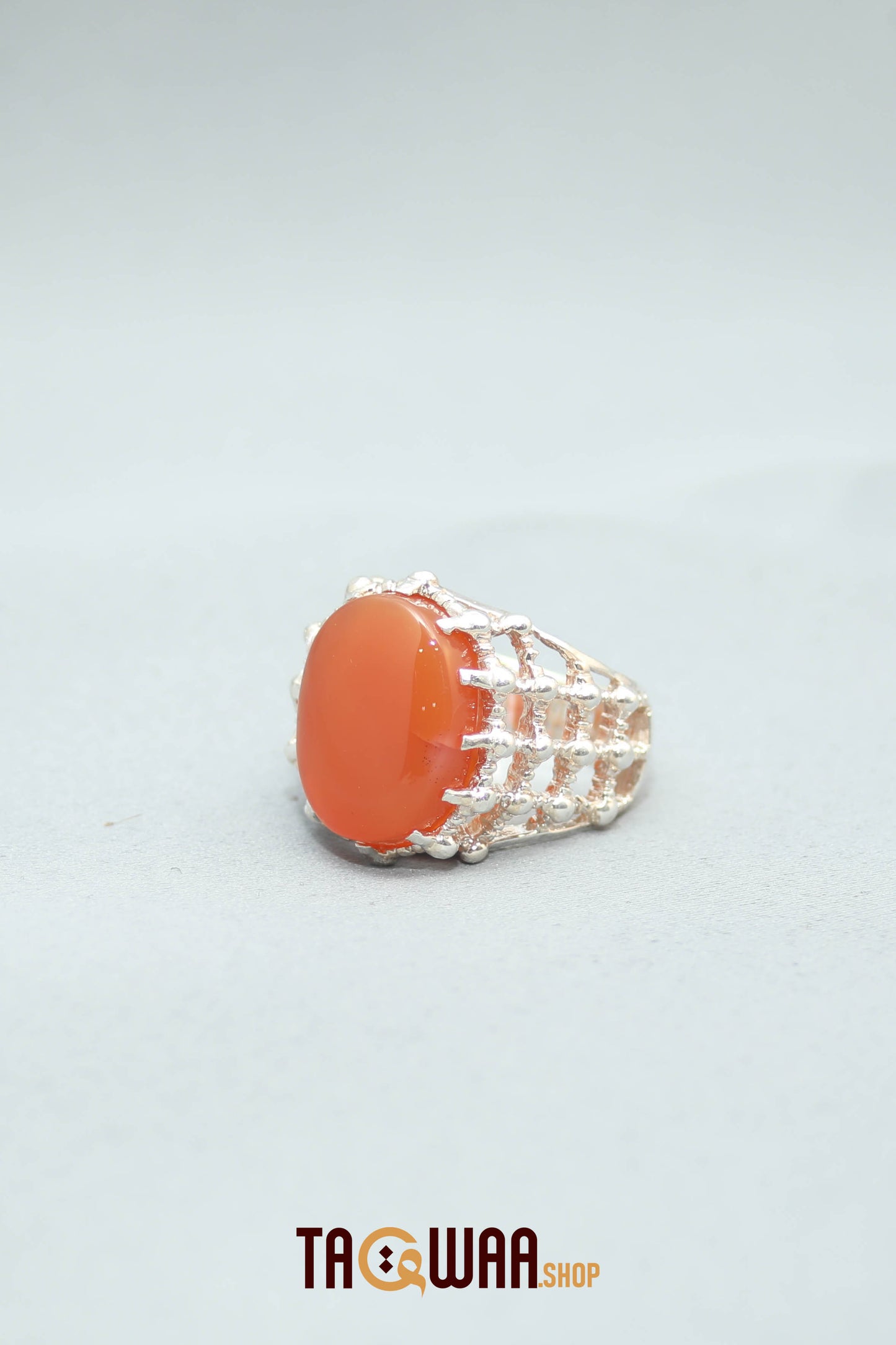 Silver Ring with Orange Yemeni Agate and Imam Hussain Shrine-Inspired Design