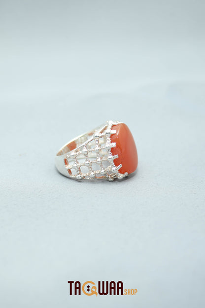 Silver Ring with Orange Yemeni Agate and Imam Hussain Shrine-Inspired Design