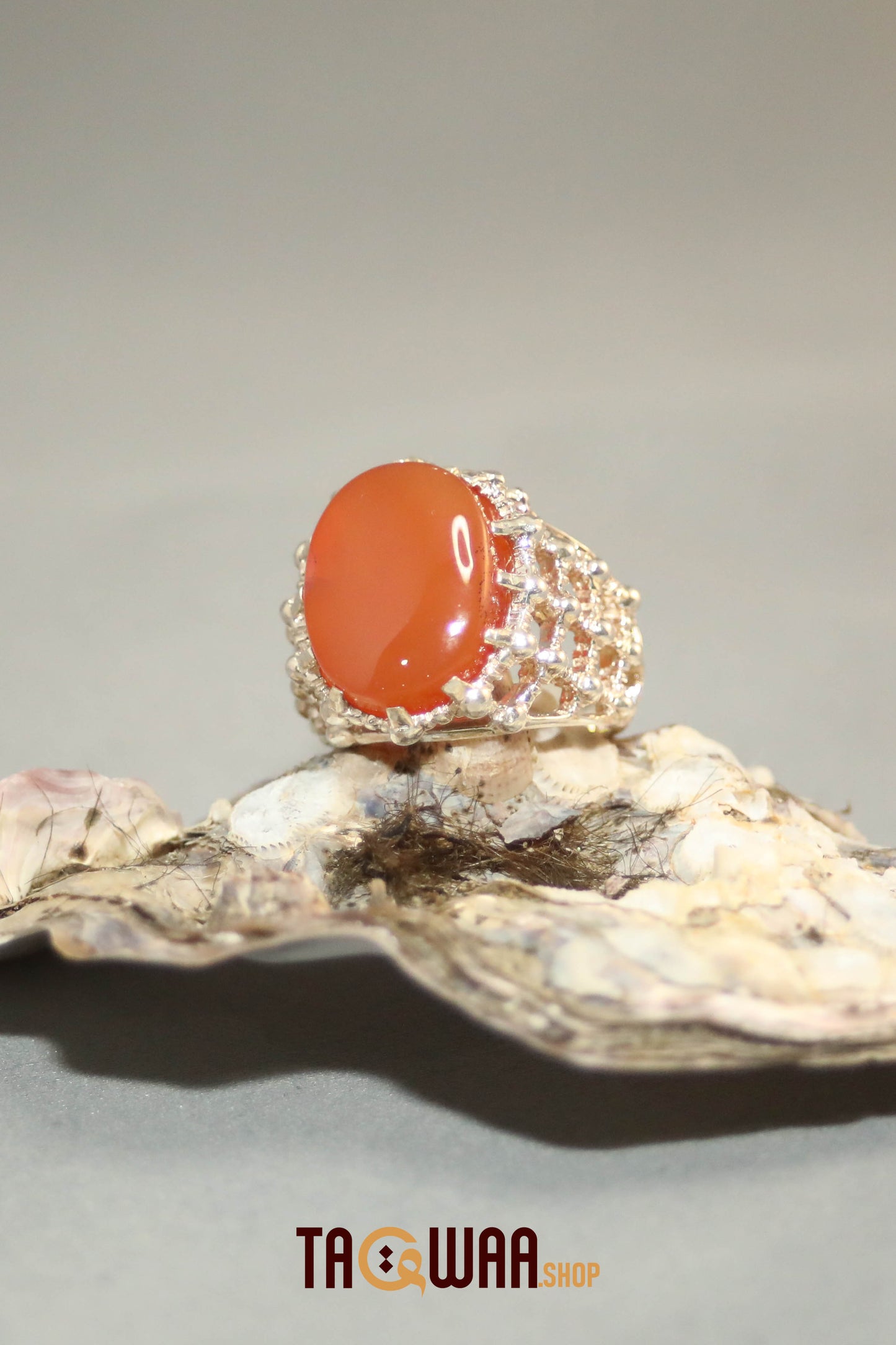 Silver Ring with Orange Yemeni Agate and Imam Hussain Shrine-Inspired Design