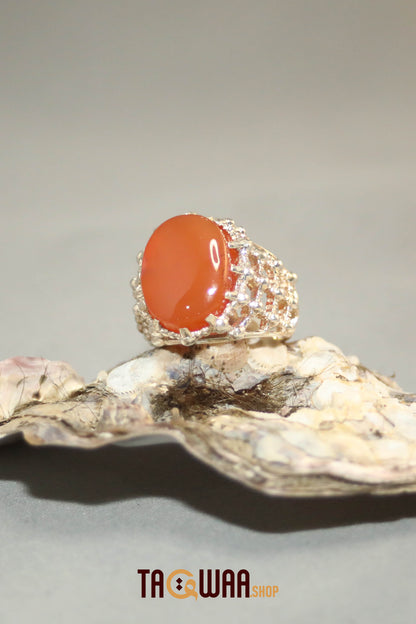Silver Ring with Orange Yemeni Agate and Imam Hussain Shrine-Inspired Design