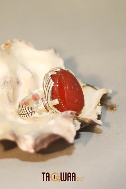 Silver Ring with Red Yemeni Agate – Featuring 'YA ALI' Inscription