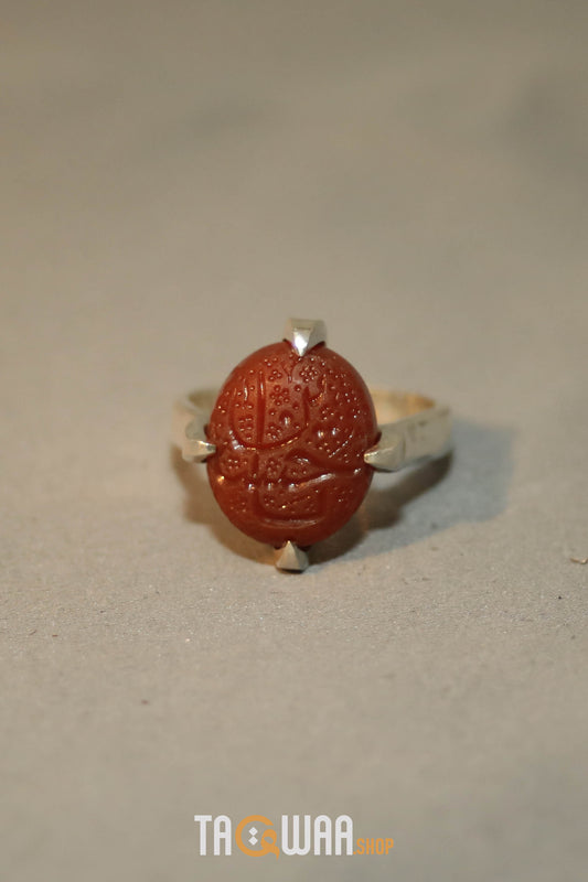 Handcrafted Silver Ring with Red Yemeni Agate and 'YA HUSSEIN' Engraving
