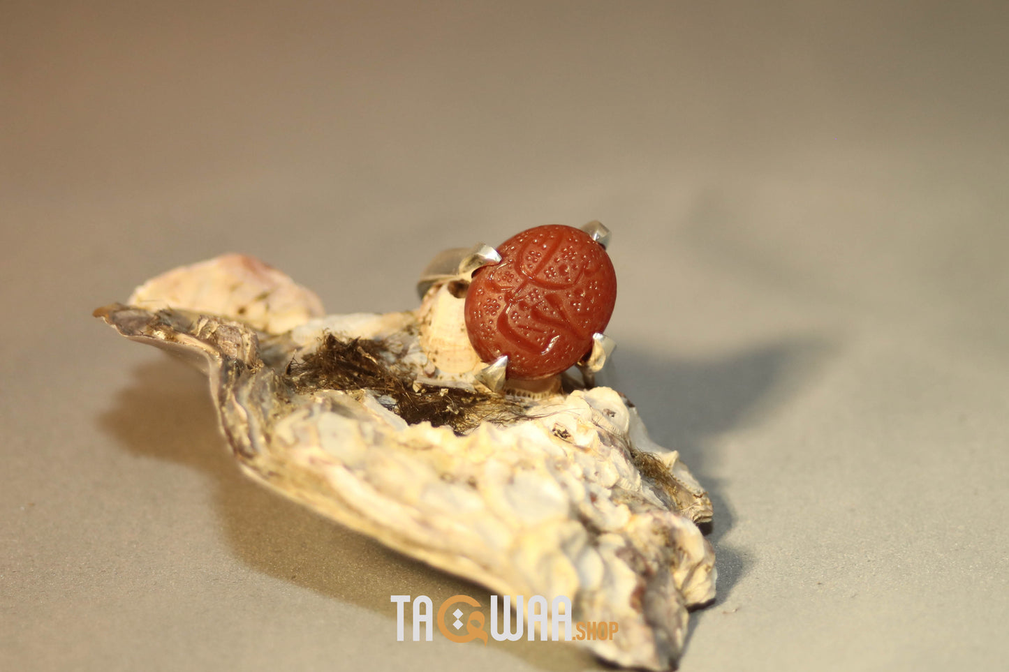 Handcrafted Silver Ring with Red Yemeni Agate and 'YA HUSSEIN' Engraving