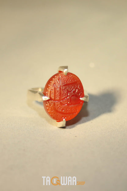 Handcrafted Silver Ring with Red Yemeni Agate and 'YA ABBAS' Engraving