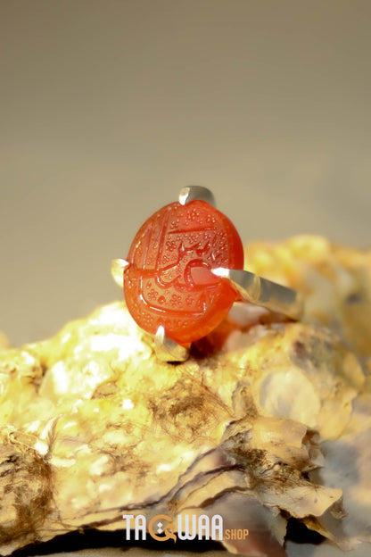 Handcrafted Silver Ring with Red Yemeni Agate and 'YA ABBAS' Engraving