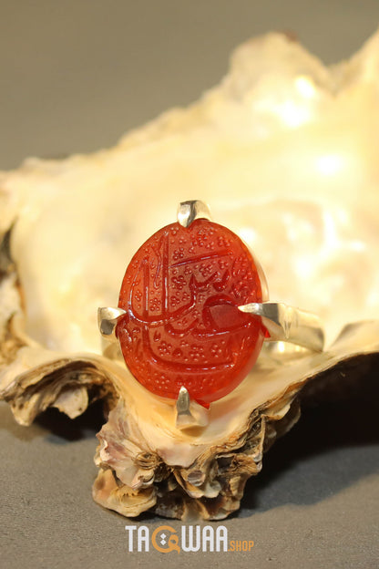 Handcrafted Silver Ring with Red Yemeni Agate and 'YA ABBAS' Engraving