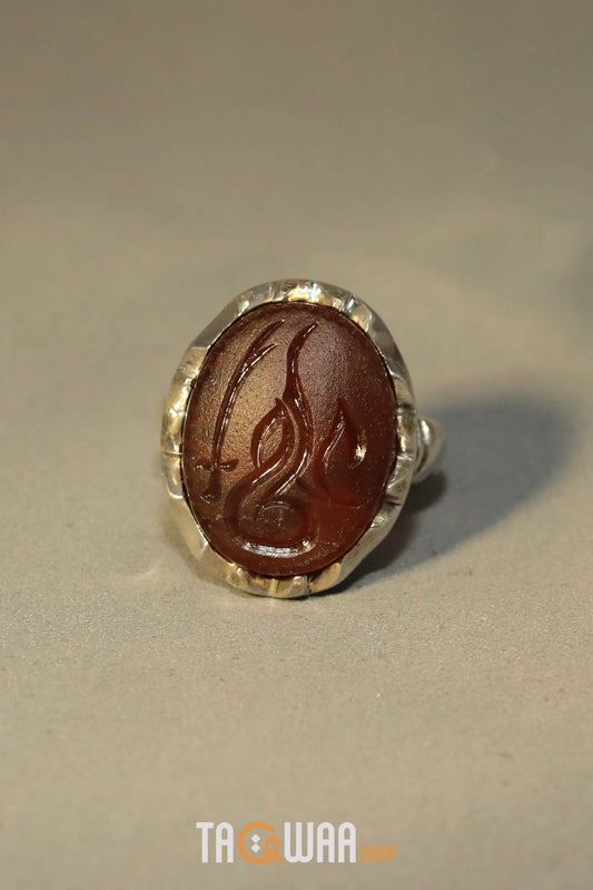 Artisan Silver Ring with Dark Cherry Yemeni Agate and 'Ali' Inscription – Timeless Elegance