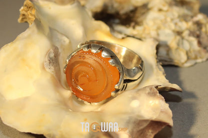 Artisan Silver Ring with Orange Yemeni Agate & 'ALI' Inscription