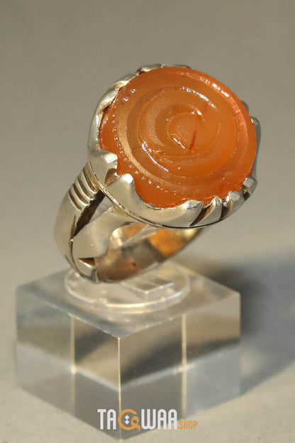 Artisan Silver Ring with Orange Yemeni Agate & 'ALI' Inscription