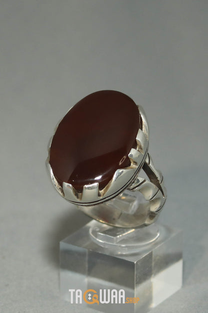 Red Yemeni Agate Aqeeq Oval Silver Ring