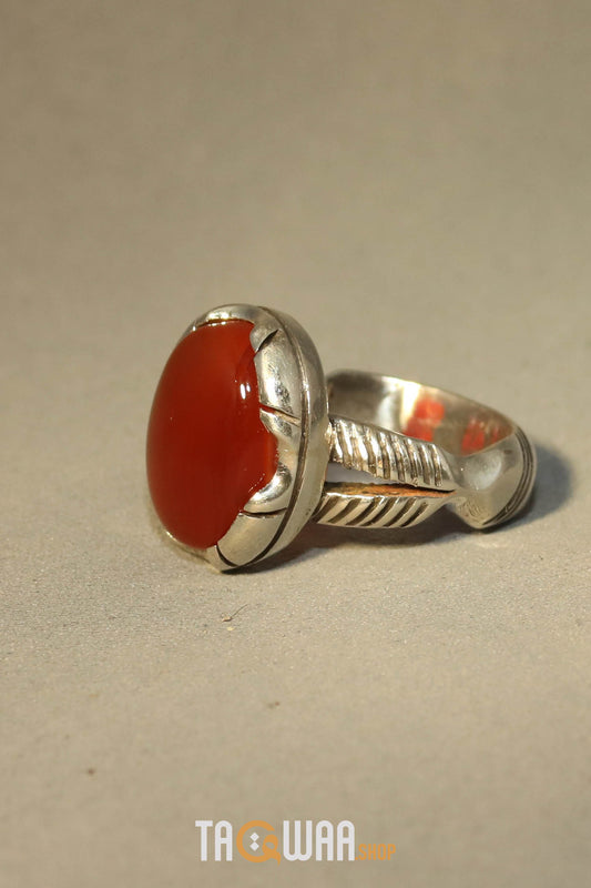 Orange Yemeni Agate Aqeeq Oval Silver Ring