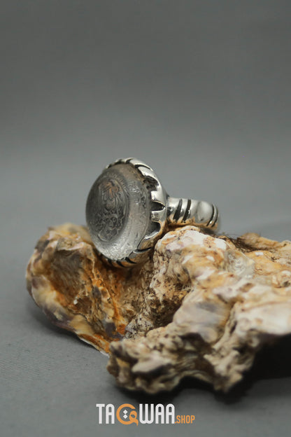 Shia Identity Silver Ring with Dur Alnajaf Stone – Engraved with Nadi Ali Dua and 'Ali Wali Allah