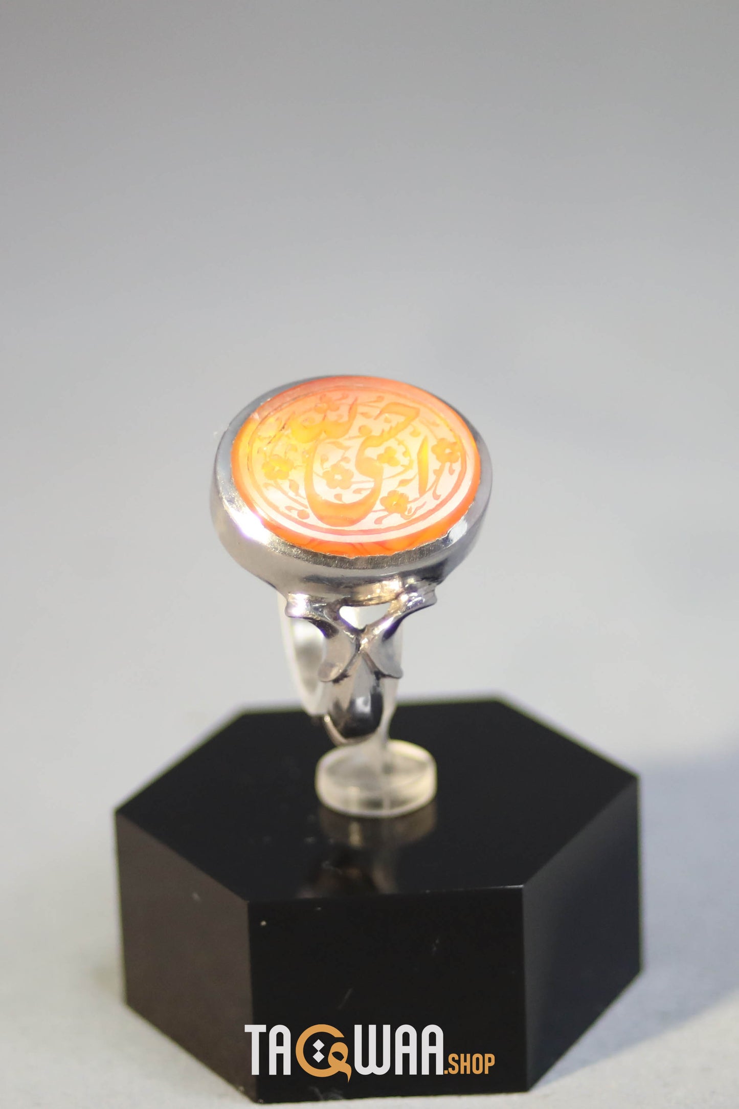Timeless Men's Silver Ring with Yemeni Orange Aqeeq – Engraved with 'حسبي الله