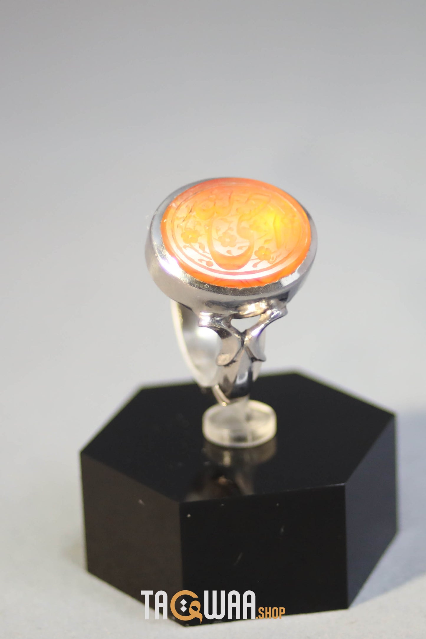 Timeless Men's Silver Ring with Yemeni Orange Aqeeq – Engraved with 'حسبي الله