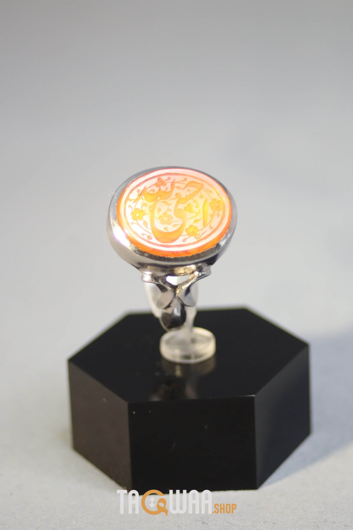 Timeless Men's Silver Ring with Yemeni Orange Aqeeq – Engraved with 'حسبي الله