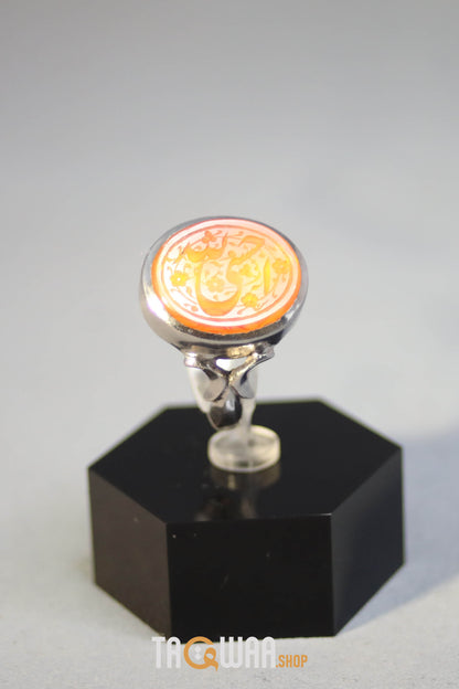 Timeless Men's Silver Ring with Yemeni Orange Aqeeq – Engraved with 'حسبي الله