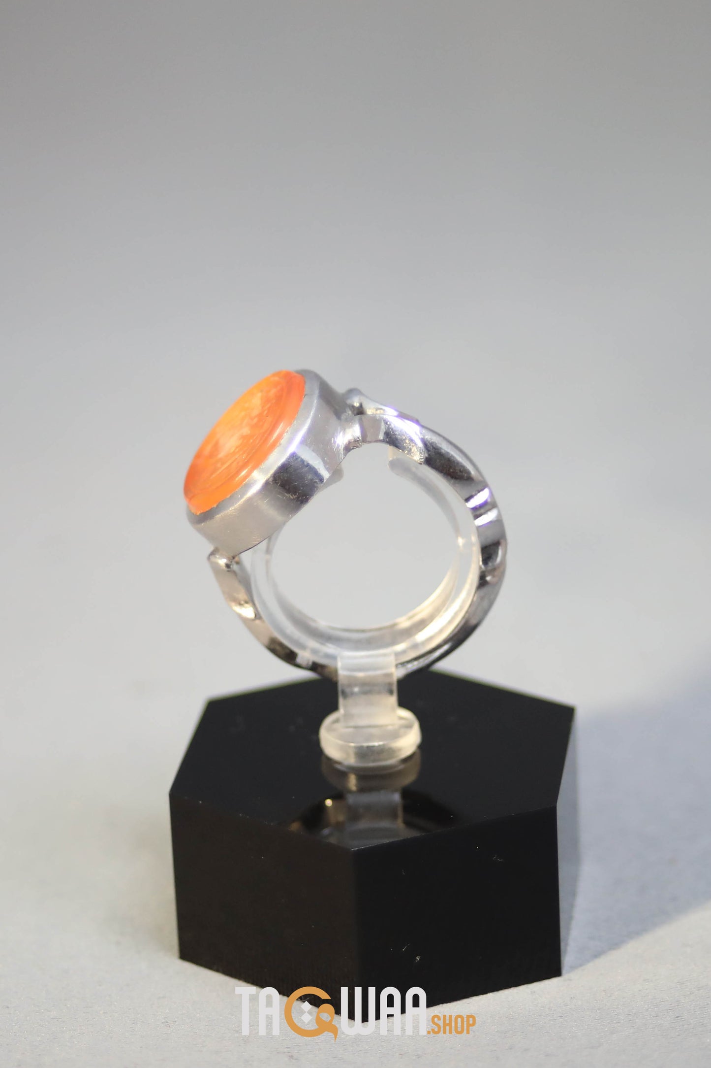 Timeless Men's Silver Ring with Yemeni Orange Aqeeq – Engraved with 'حسبي الله
