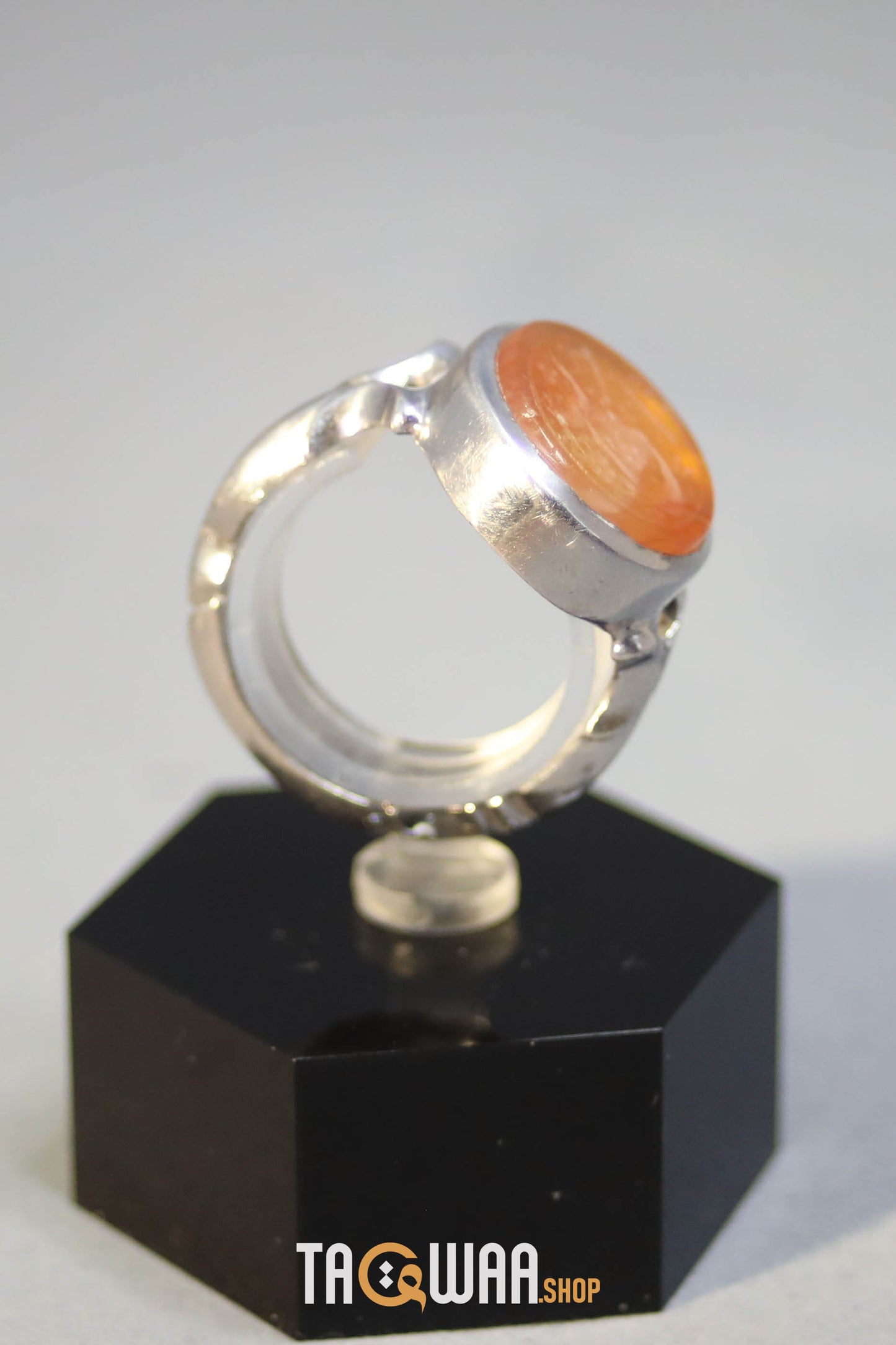 Timeless Men's Silver Ring with Yemeni Orange Aqeeq – Engraved with 'حسبي الله