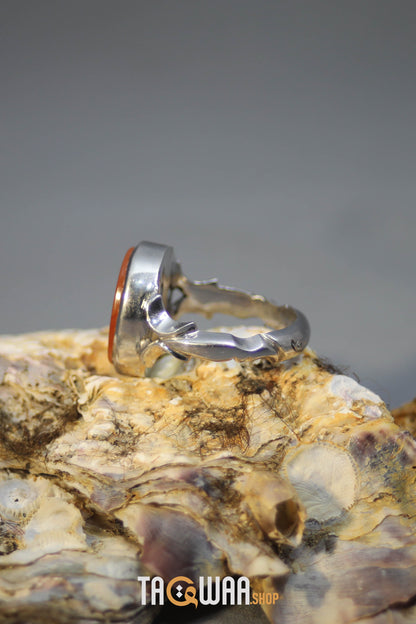 Timeless Men's Silver Ring with Yemeni Orange Aqeeq – Engraved with 'حسبي الله