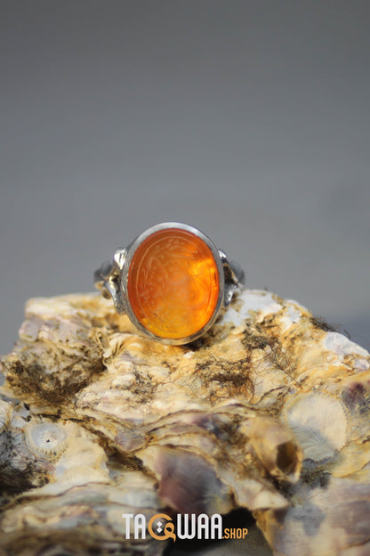Timeless Men's Silver Ring with Yemeni Orange Aqeeq – Engraved with 'حسبي الله