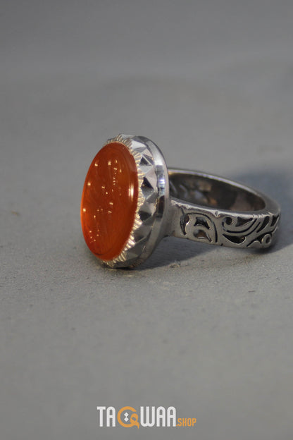 Timeless Men's Silver Ring with Yemeni Orange Aqeeq – Engraved with 'وَمَنْ يَتَوَكَّلْ عَلَى اللَّهِ فَهُوَ حَسْبُهُ