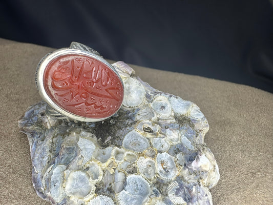 Yemeni Brown Aqeeq Sterling Silver Ring محمد رسول الله Inscription (Men)