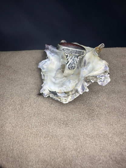 Yemeni Brown Aqeeq Sterling Silver Ring يا مالك الملك Inscription (Men)