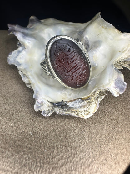 Yemeni Brown Aqeeq Sterling Silver Ring يا مالك الملك Inscription (Men)