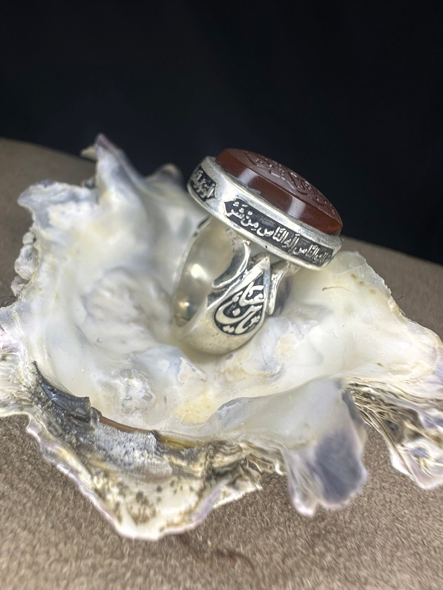 Yemeni Brown Aqeeq Sterling Ring علي حجة الله Inscription (Men)