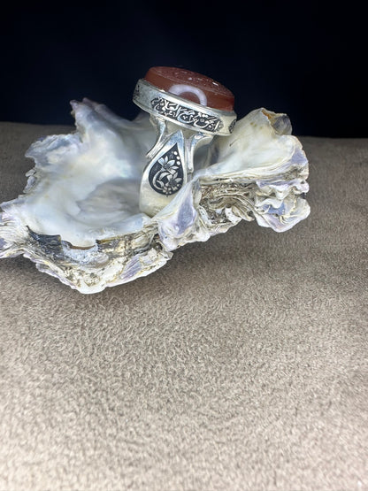 Yemeni Brown Aqeeq Sterling Silver Ring اللهم انت ثقتي Inscription (Men)