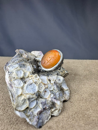 YEMENI ORANGE AQEEQ STERLING SILVER RING FOR MEN لبيك يا حسين