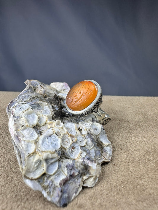 YEMENI ORANGE AQEEQ STERLING SILVER RING FOR MEN لبيك يا حسين