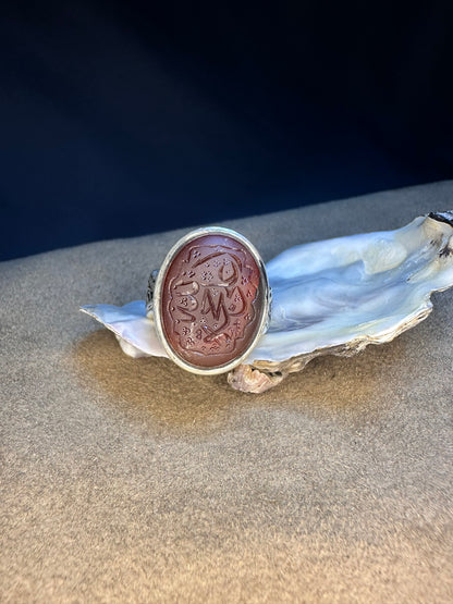 Yemeni Brown Aqeeq Sterling Ring علي حجة الله Inscription (Men)