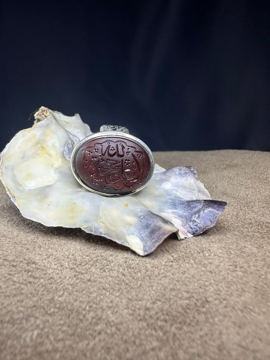 Yemeni Brown Aqeeq Sterling Ring علي حجة الله Inscription (Men)