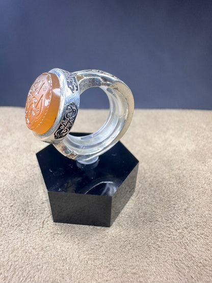 YEMENI ORANGE AQEEQ STERLING SILVER RING FOR MEN العزة لله